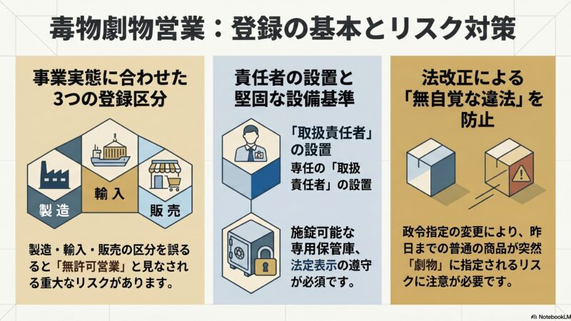 毒物劇物営業の登録申請ガイド|製造・輸入・販売の区分と法改正リスク対策